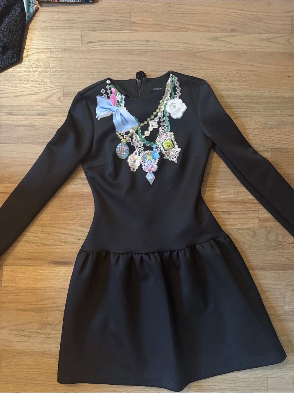 Cynthia Rowley Black Long-Sleeve Dress with Pastel Appliqué and Blue Bow